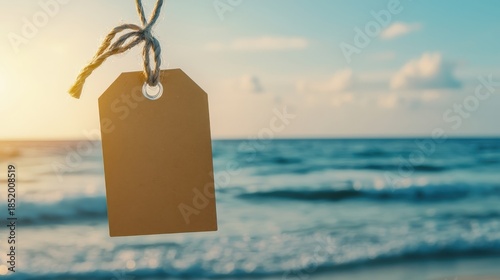 Blank Tag Hanging Over Calm Ocean at Sunset with Soft Waves