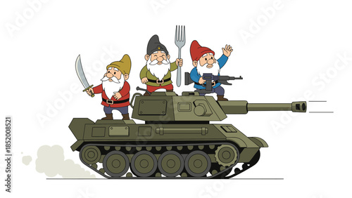 Humorous cartoon illustration of three garden gnomes with weapons riding on top of a military tank, ready for a fantasy battle.