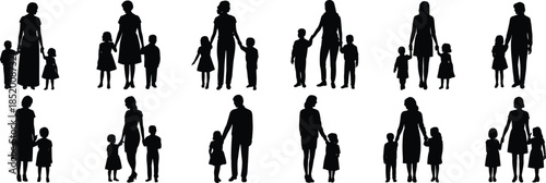 Adult and child silhouette vector set, family icons, caregiving posture, social relationship design, black figures, cartoon style, parenting illustration