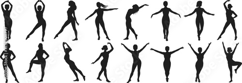 Dance pose silhouette vector set, expressive movement, black figure illustration, human motion, artistic body language, cartoon style, performance design elements