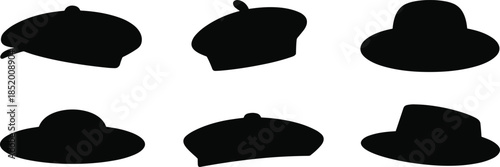 Hat silhouette vector set, black fashion icons, beret, fedora, cloche, bowler, vintage headwear, stylish design elements, minimal, classic, elegant