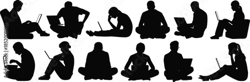 Laptop and tablet user silhouette vector set, seated posture icons, black design elements, cartoon style, digital interaction, tech illustration