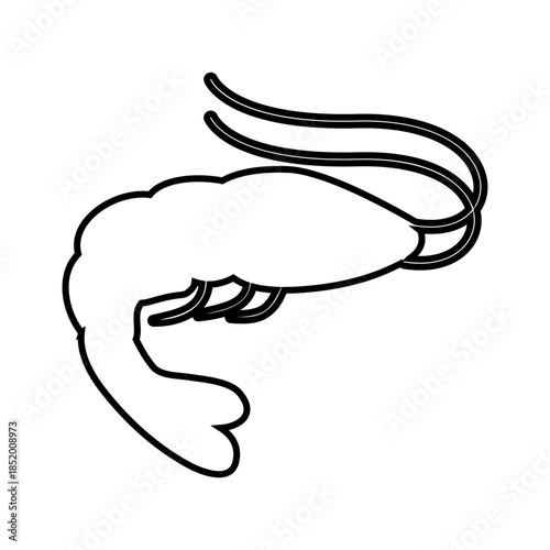 Outline style of a stylized prawn, showcasing its curved segmented body and long antennae in a clean, minimalist form. Related to seafood restaurant menus, fishery branding, marine biology educational