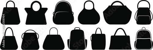Handbag and backpack silhouette set, fashion accessory icons, black vector shapes, stylish bag collection for branding, retail, apparel, and design use