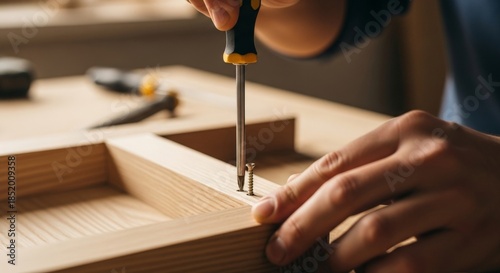 Craftsman assembling wooden furniture with screwdriver