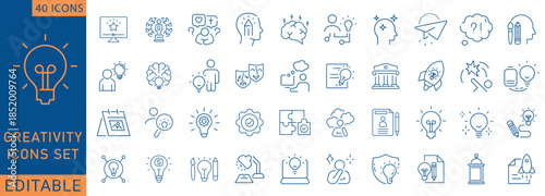 Creativity line editable icon set. Containing Creative, design, imagination, idea, innovation, inspiration, originality, and more. Fully Editable . Vector illustration.