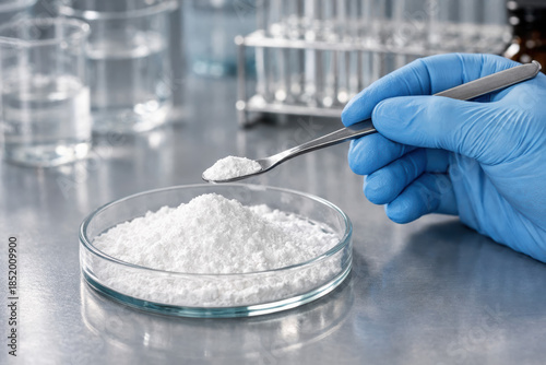 Pharmaceutical active ingredient powder petri dish gloved hand laboratory A sterile lab scene with a gloved hand scooping white powder from a petri dish with a spatula showing