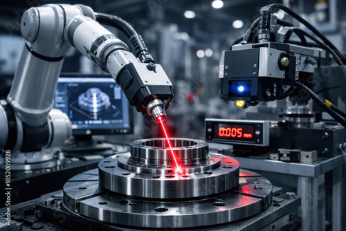 Precision inspection metrology manufacturing robotic laser - robotic arm scanning metal bearing with red beam in industrial workshop conveying technical focus