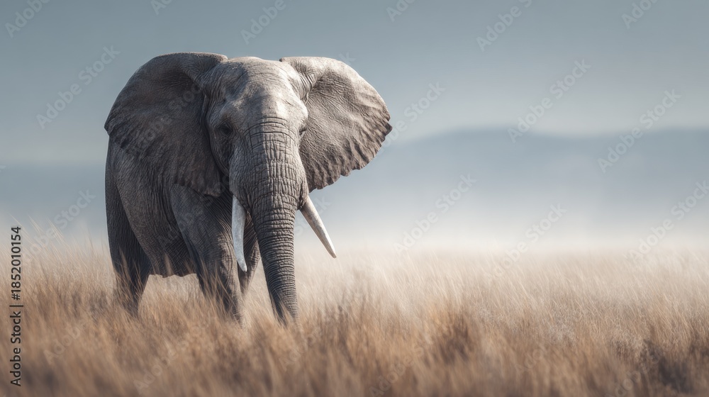 Obraz premium Majestic African Elephant Standing Tall in Golden Savannah Grasslands
