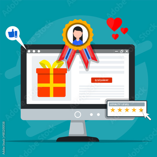 Online loyalty program and customer reward system displayed on a desktop screen with gifts, ratings, likes, and user badge, representing customer retention and digital marketing engagement.