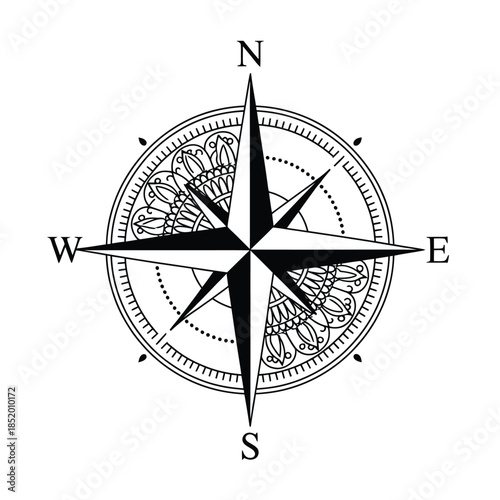 Detailed compass rose illustration showing north south east and west directions