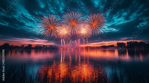 Vibrant fireworks explode over calm lake at dusk with colorful sky reflections sunset