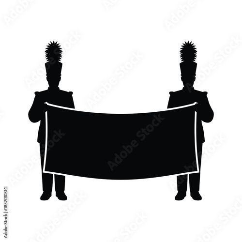 Two guards holding a blank banner a black and white silhouette image