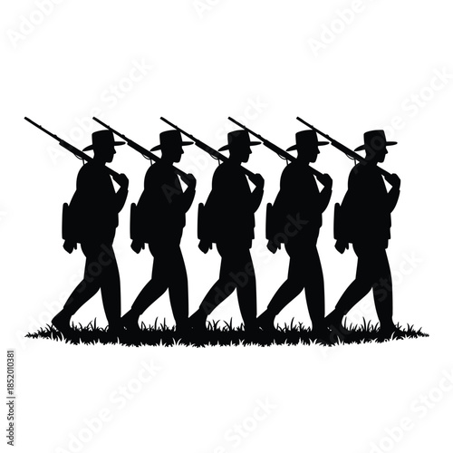 Silhouette of soldiers marching forward with rifles and backpacks