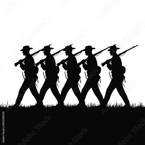 Silhouette of soldiers marching in formation carrying rifles and backpacks