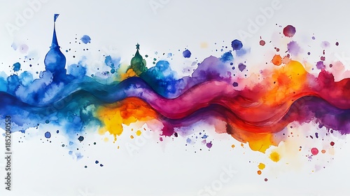 Watercolor skyline with domed buildings and vibrant paint splashes city architecture