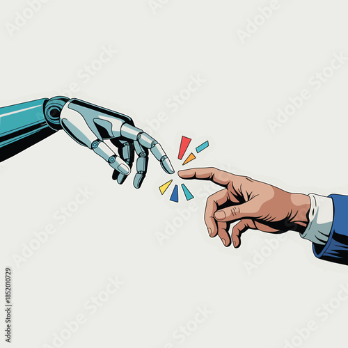 The creation of artificial intelligence a robotic and human hand touch