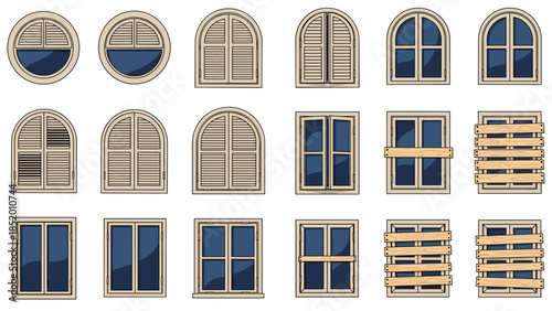 Large collection of various window designs, including arched, shuttered, open, closed, and boarded up styles for architectural use.