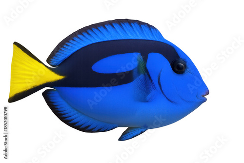 Blue tang fish swimming, vibrant tropical marine life, dory-like surgeonfish, isolated on transparent background