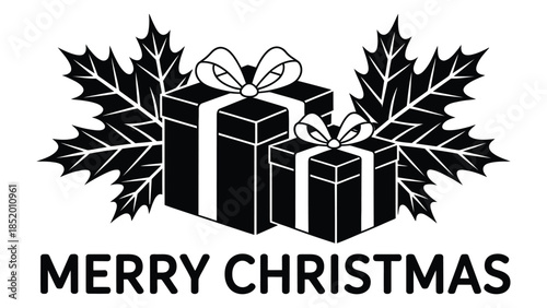  Merry Christmas gift boxes with ribbon and holly leaves silhouette illustration isolated on white background, festive holiday decoration design for greeting cards, banners, posters and prints