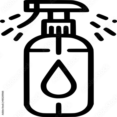 Hygiene and Sanitization: A black line drawing illustrates a spray bottle, essential for sanitization, representing hygiene and cleanliness.
