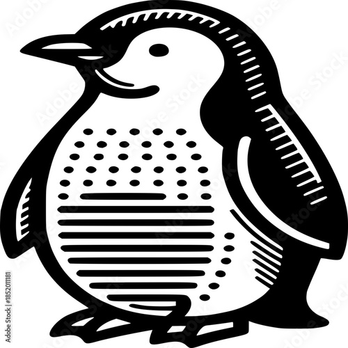 Elegant Penguin Illustration: A captivating black and white illustration of a penguin, it features clean lines and a simple design, showcasing the penguin's unique features.