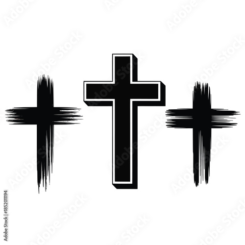 Three black crosses with varying styles and textures displayed on white