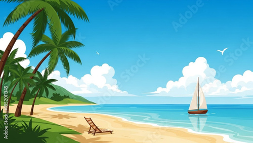 Sailboat anchored near a tropical beach with a deck chair under palm trees