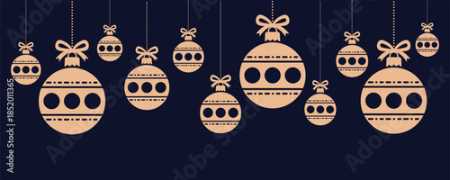 Elegant Christmas background with beige hanging baubles and bows on dark navy blue, festive minimalist border ideal for holiday cards, invitations, banners, seasonal promotions and winter celebration 