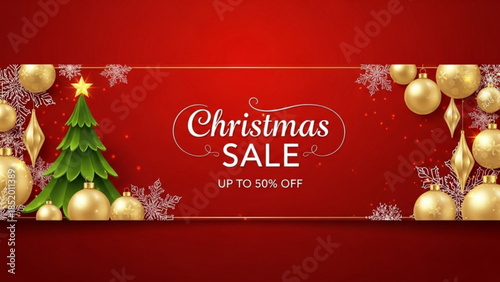 Christmas sale banner with festive ornaments snowflakes and a decorated tree offering up to 50 off for holiday shopping