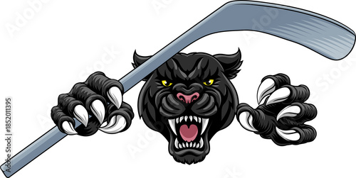 Photography Black panther leopard or jaguar cat hockey sports team mascot holding an ice hoc