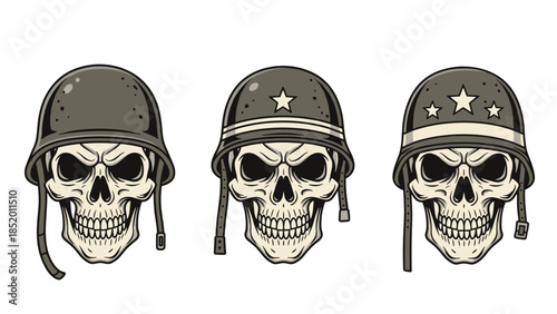 Set of three vintage-style skulls wearing different American military helmets, representing soldiers from various historical eras.