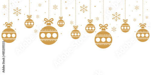 Elegant seamless pattern of golden Christmas baubles with bows hanging on strings over white background, ideal festive border for holiday greeting cards, invitations, banners, wrapping paper.