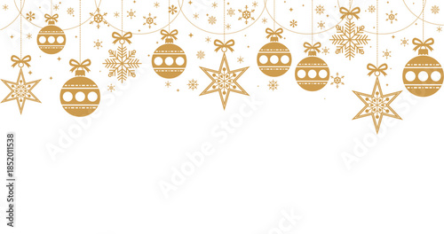 Elegant seamless pattern of golden Christmas baubles with bows hanging on strings over white background, ideal festive border for holiday greeting cards, invitations, banners, wrapping paper.