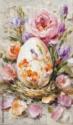 Impressionist Floral Still Life with Eggs and Blooming Flowers