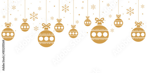 Elegant seamless pattern of golden Christmas baubles with bows hanging on strings over white background, ideal festive border for holiday greeting cards, invitations, banners, wrapping paper.