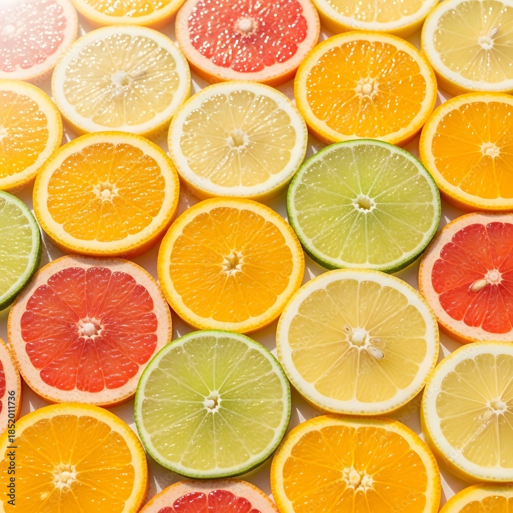 Obraz premium “Macro shot of sliced citrus fruits arranged in a geometric pattern, bright natural light.”