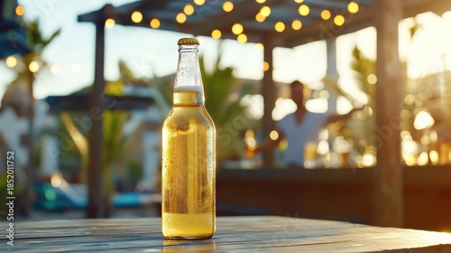 Refreshing Bottle of Beer on Wooden Table at Outdoor Bar Scene