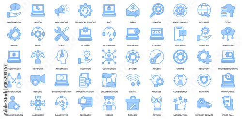 Tech Support icon collection set. Containing information, technical support, email, help, question, assistance, solution icon. Simple lineal blue vector
