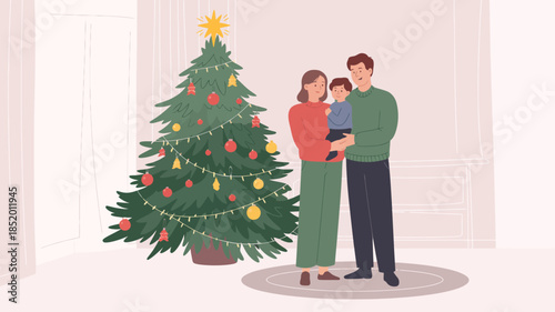  Happy family decorating christmas tree together at home in cozy living room, festive winter holiday celebration illustration for greeting cards, seasonal banners and christmas designs