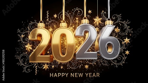 Happy New Year 2026 celebration with golden and silver ornaments