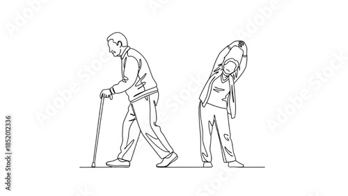 High-quality black continuous line art of a senior person taking a morning walk with a walking stick and an elderly person stretching or doing light exercise, active aging, healthy lifestyle, 