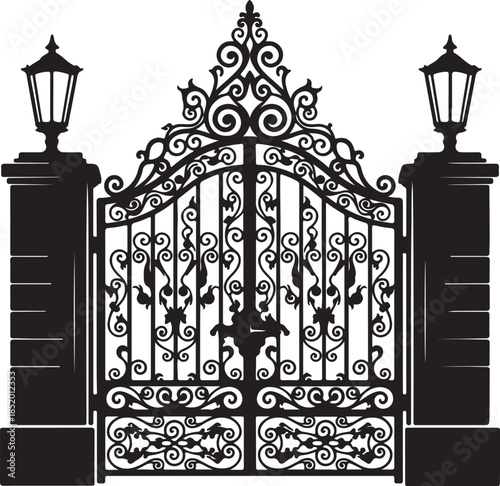 Ornate wrought iron gate with decorative scrolls, elaborate metalwork, and classical lamp posts