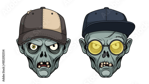 Set of two cool and creepy cartoon zombie heads, one wearing a tattered cap and the other with sunglasses and a hat.