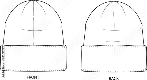 Beanie hat technical sketch, front and back view, crown seam and folded brim construction, fashion flat vector illustration