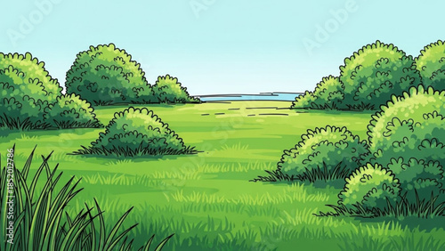 Lush green meadow with rolling hills and a clear blue sky serene landscape illustration for nature and travel concepts peaceful outdoor sc