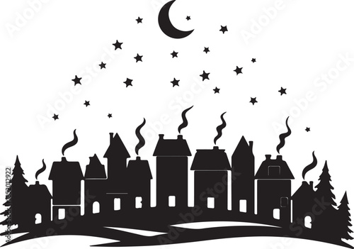Night city vector illustration with houses and smoking chimneys under moon and stars