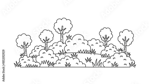 Collection of stylized trees and bushes simple outline illustration for nature scenes and landscape design isolated on white background
