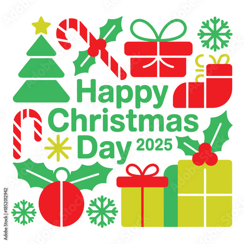 Colorful vector design of happy christmas day 2025 with christmas trees gift boxes candy canes snowflakes and holly leaves for festive celebrations