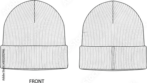 Knitted beanie technical sketch, two front views with folded brim and vertical ribbing, seam variation, fashion flat vector illustration